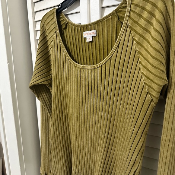 Knox Rose Olive Long Sleeve Top Large Ribbed Lettuce Hem - Picture 5 of 6